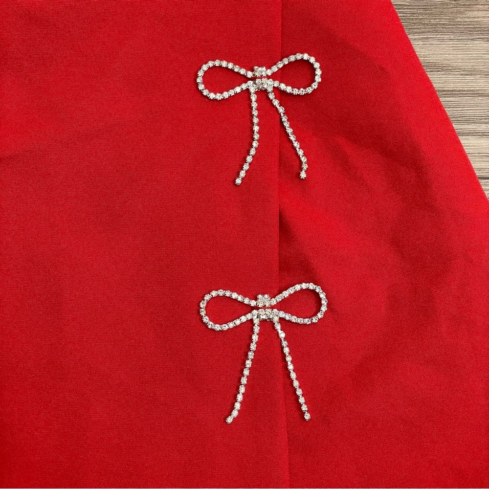Lulumari Red Rhinestone Bow Wrap Front Mini Skort - Picture 7 of 10